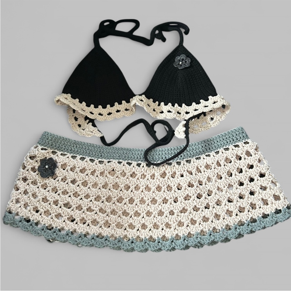 Chic Crochet Lace Skirt Set - Black, Cream, and Gray